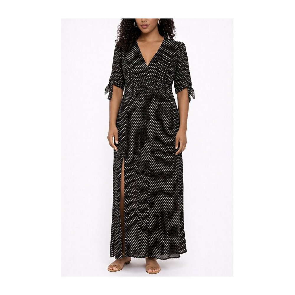 Avec Les Filles Maxi Dress Black with White Dots Sheer Tie Sleeve Size 4 NWT